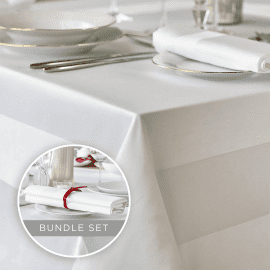 100% Mercerised Cotton 183 x 274cm White Satin Band Tablecloth & 4 Napkins