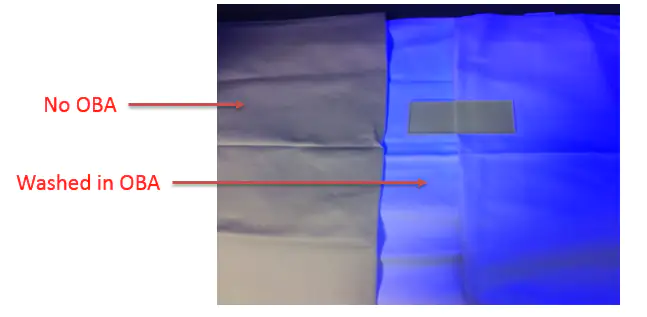 Tablecloths under a uv light with oba's and no oba's Tablecloths under a uv light with oba's and no oba's