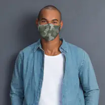 Man wearing Martex Health camouflage olive coloured reusable face mask with antimicrobial protection.