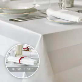 100% Mercerised Cotton 178 x 274cm White Satin Band Tablecloth & 4 Napkins Set
